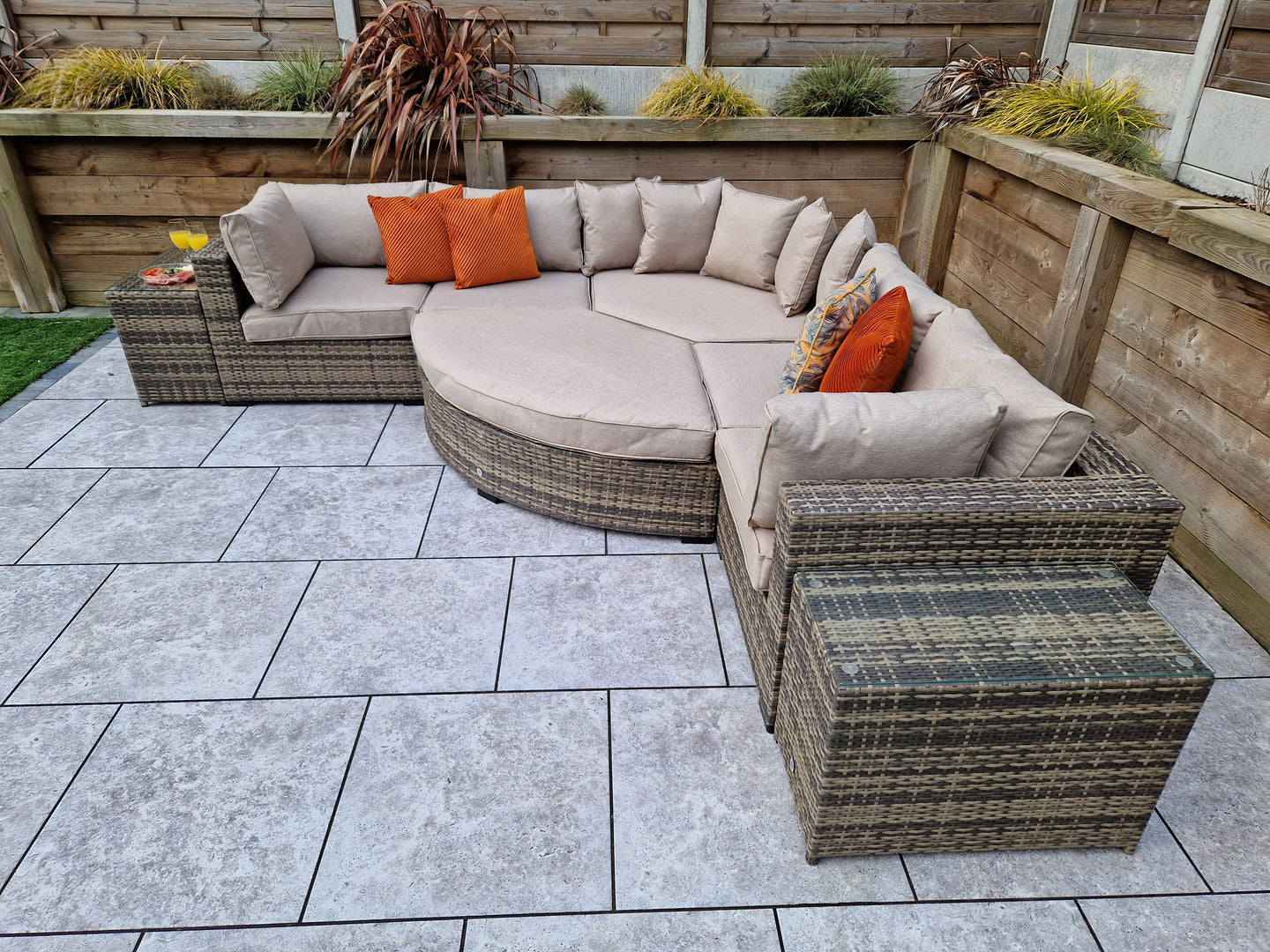 Signature Weave - Outdoor Furniture - Jessica - Corner With Poof & End Tables In Mixed Brown